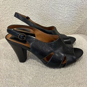 Clarks Artisan Splendor Lily Peep Toe Sandal Black Leather Slingback Block Heel